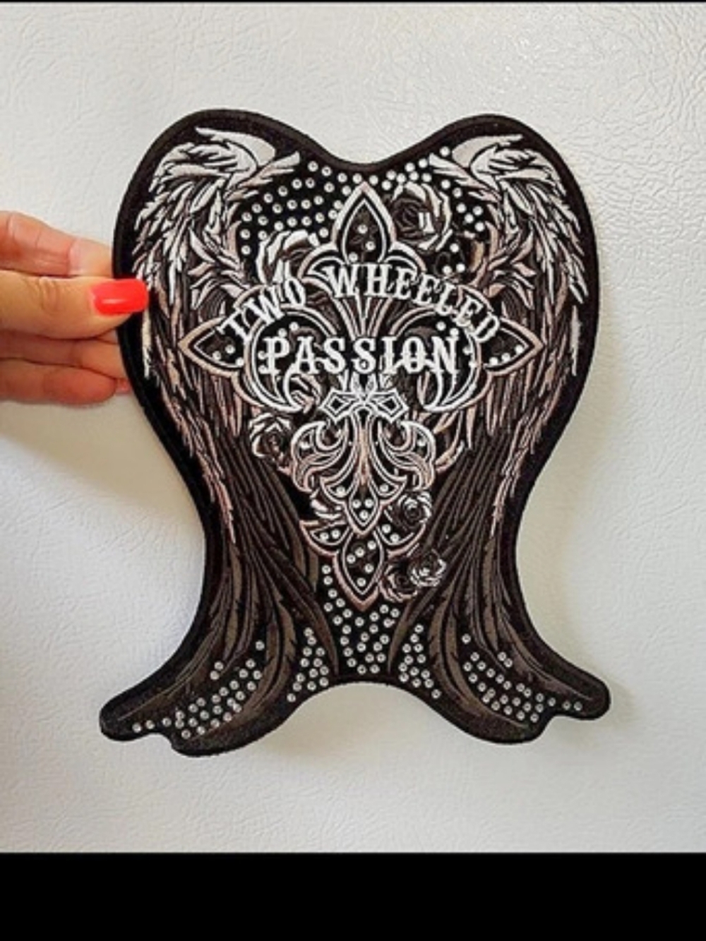 Two Wheeled Passion Angel Wing Embroidered Rhinestone Leather Coat Patch